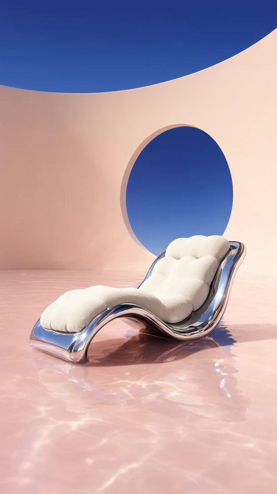 Sculptural chrome chair with a cloudlike cushion standing in shallow pastel pink water